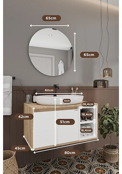 Gül Beyaz 80 Cm %100 Mdf Lavabolu Banyo Dolabı Ayna Lavabo Beyaz