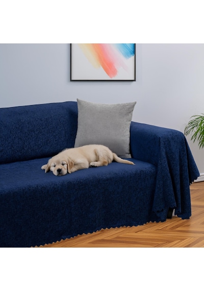 Jakarlı Şönil Koltuk Örtüsü Kanepe Örtüsü Koltuk Şalı 175x300 Kaymaz Lacivert Lacivert