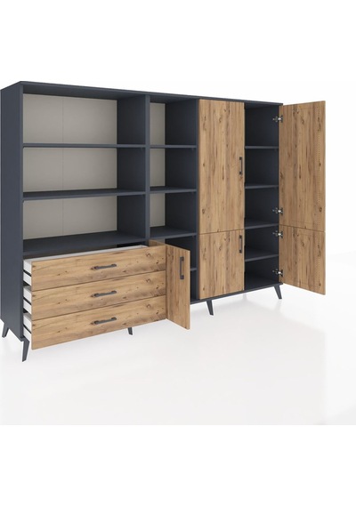 Hyperion Dolap 11 Raflı 3 Çekmeceli 5 Kapaklı 220x44x163 Antrasit Antrasit-çam