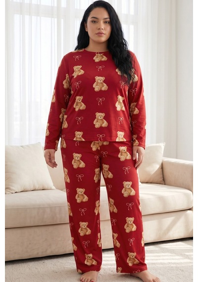 Siyah İnci Desenli Termal Kumaşlı Ultra Soft Yumuşak Büyük Beden Battal Boy Örme Pijama Takımı 26226720 Kırmızı