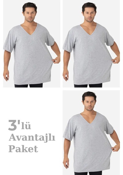 Astrid T Özel Üretim Casual Stil 3'lü Paket Gri Erkek V Yaka Kısa Kollu Büyük Beden Tişört Gri-3