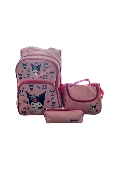 Kuromi Desenli Pudra Renk Üçlü Kız Çocuk İlkokul Okul Çantası + Termal Beslenme Çantası + Kalemlik Pudra Pembe