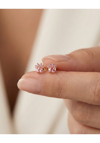 Pembe Taşlı Kedi Patisi 14 Ayar Altın Küpe