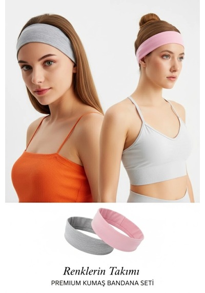 %100 Pamuklu Penye Esnek Yumuşak Spor Saç Bandı Süper İkili Takım Pembe-Gri