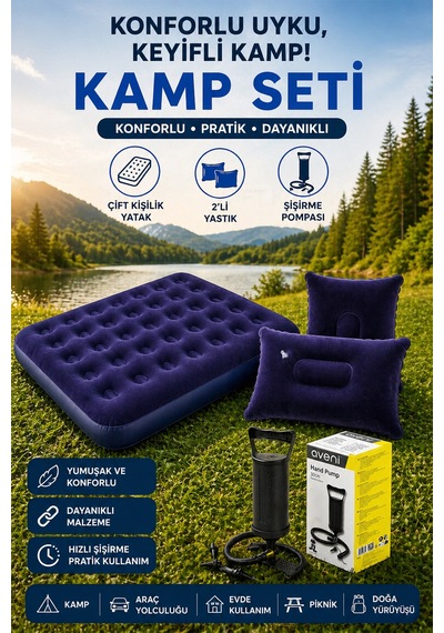 Çift Kişilik Kamp Şişme Yatak Yastık Şişirme Pompa Seti Lacivert