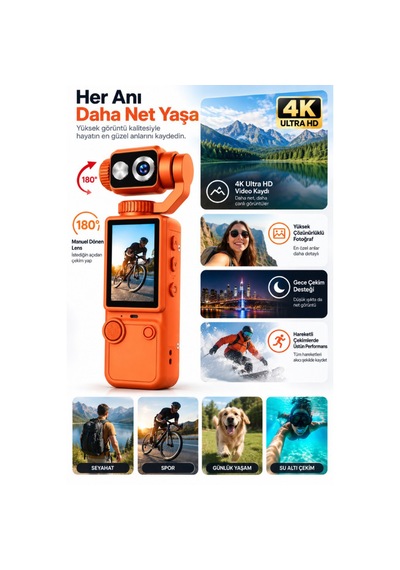 4k Ultra Hd Dijital Kamera 180 Dönen Lens Taşınabilir Video Fotoğraf Kamera 32gb Hafıza Kartı Hediyedir