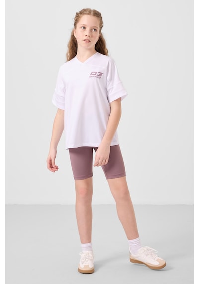 Tommylife Beyaz-gül Kurusu V Yaka Kemer Detaylı Standart Fit Performans Kız Çocuk Tayt Takım - 75187 Beyaz