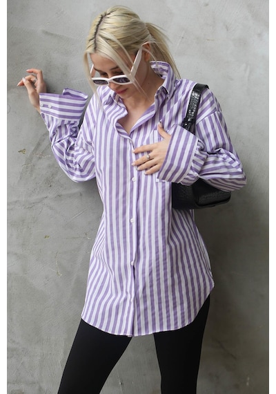Madmext Mor Çizgili Oversize Kadın Gömlek Mg1688-mor Mor