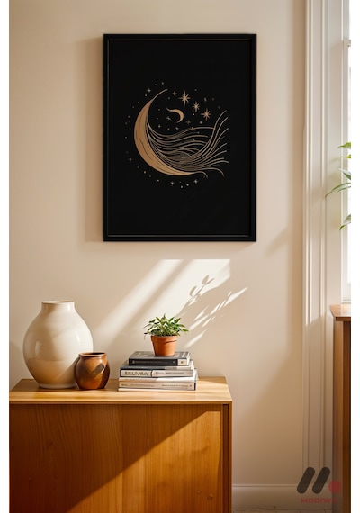 Altın Ay Mistik Poster, Siyah Çerçeveli Duvar Tablosu - Modern Ev Dekorasyonu