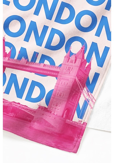 Londra Temalı Şehir Manzaralı Plaj Havlusu - Tipografik Pembe Mavi Hızlı Kuruyan Mikrofiber Havlu Donuk İncisi