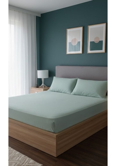 Ranforce Çift Kişilik Lastikli Çarşaf Seti Yastık Kılıflı 180 X 200+30 Acık Yeşil