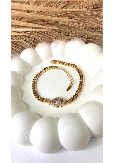 Altın / Gold Renk Oval Halka Zirkon Taşlı Xupıng Bileklik Gold