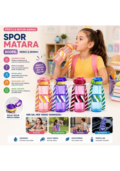 Yakut-14014 Spor Matara 800ml Suluk Renkli Desenli Plastik Pipetli Boyun Asmalı Diğer