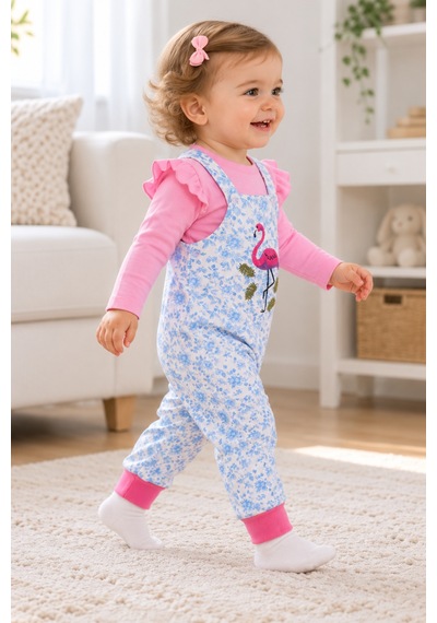 Babyhola Kız Bebek Çocuk Flamingo Salopet Badi Takım 23388 Turuncu