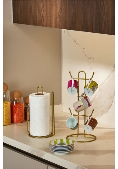 Edora Home 2'li Gold Mutfak Organizer Seti, Ayraçlı Kağıt Havluluk Ve 6 Kancalı Bardaklık - Metal Paslanmaz