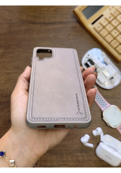 Samsung Galaxy A12 Uyumlu Premium Deri Dokulu Darbelere Karşı Dayanıklı Nazal Silikon Kılıf Gri