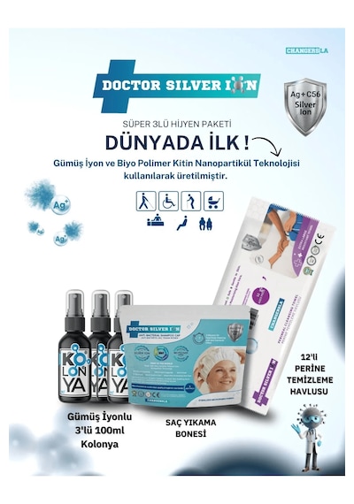 Doctor Silver Ion Gümüş İyonlu Kolonya 3 x 100 ML + Saç Yıkama Bonesi + Perine Islak Mendili 12'li