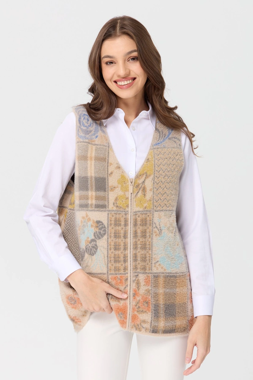 Desen Triko Kadın V Yaka Patchwork Yelek Bej Bej
