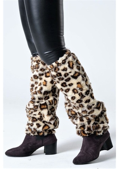 Leopar Desenli Peluş Tozluk Kahverengi