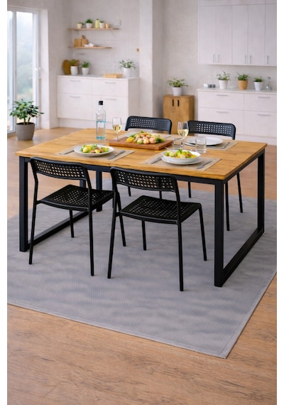 5'li Mutfak Masa Takımı, 4 Sandalye Ve 1 Masa, Yemek Odası, Bahçe Takımı, 4 Kişilik, Metal Ayaklı Masa: Çam/siyah- Sandalye: Siyah