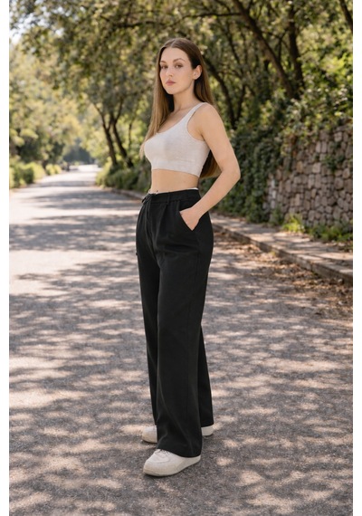 Winmoda34 Kadın Kumaş Pantolon Beli Garnili Bağcıklı Bol Paça Palazzo Model Siyah