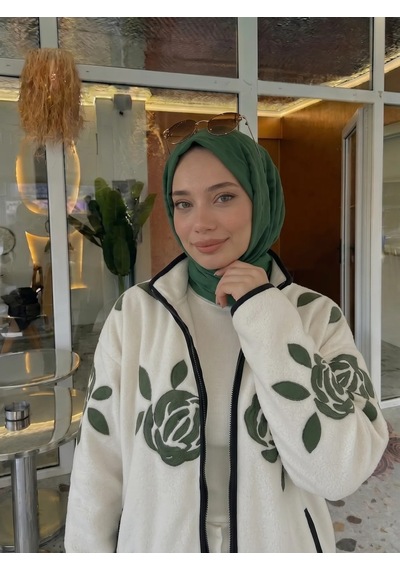 Trend Paris Gül Desenli Polar Hırka / Fermuarlı Ceket Haki Standart