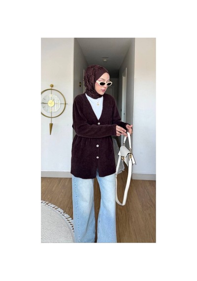 Nes Moda Kadın Düğme Detaylı Bel Büzgülü Angora Tesettür Triko Hırka Kazak Mor Mor