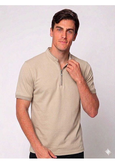 Bys Beystil Erkek Koyu Bej Slim Fit Yarım Fermuarlı T-şhirt 263463