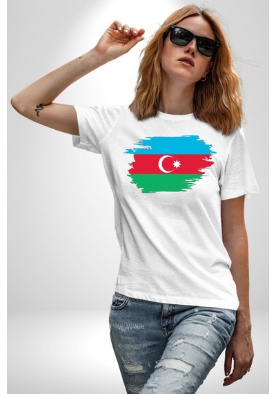 Azerbeycan Bayrağı Unisex Unisex Beyaz Organik Baskılı T-shirt Penye Yüksek Kalite Beyaz