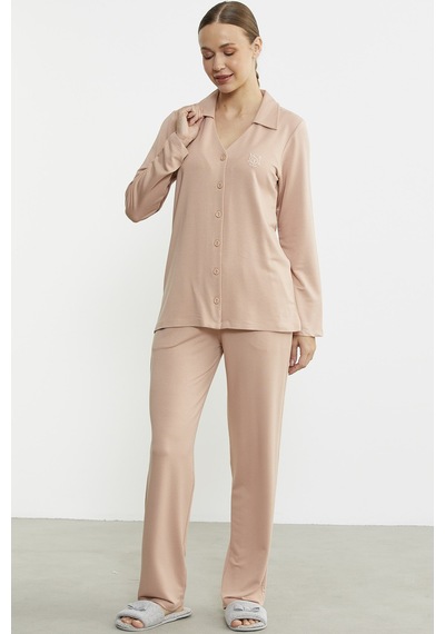 Sementa Gömlek Model Nakışlı Pijama Takım - Somon Somon