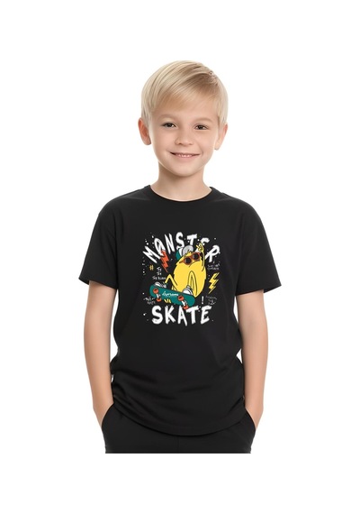 Fyk Kids Erkek Çocuk Tişört-şort Skate Baskılı Alt-üst Takım Siyah