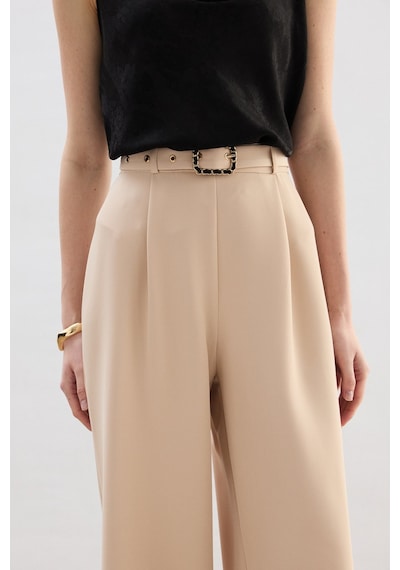 Sateen Kemerli Bol Pantolon - Bej-136821 Bej