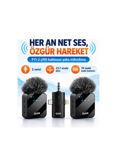 Kablosuz Yaka Mikrofonu 2 Li Mikrofon 3 İn 1 Wireless Microphone