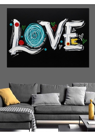 Love Yazısı Kalp Çizim Dekoratif Kanvas - Mdf Ahşap Tablo