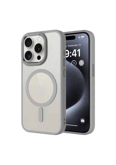 Apple Uyumlu iPhone 15 Pro Max Kılıf Wireless Şarj Özellikli Zore Krom M-safe Silikon Kapak Gri