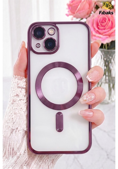 Fibaks iPhone 14 Plus/15 Plus Uyumlu Kılıf Kamera Lens Korumalı Magsafe Şarj Kilifi Şeffaf Renkli Yumuşak Mor