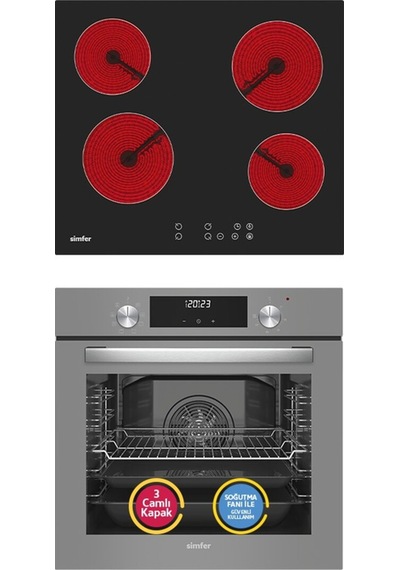 Simfer 9 Fonksiyon QS Gri Dijital Power Turbo Elektrikli 2'li Ankastre Set (Fırın + Elektirikli Ocak)