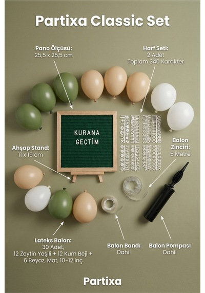 Kuran'a Geçtim Kutlaması Süsleme Classic Set Koyu Yeşil Keçe Yazı Panosu Standlı Balon Zincirli Kuran Töreni Seti Tüm Yaşlar