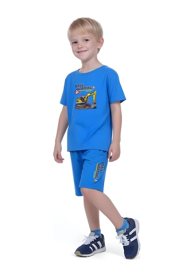 Fyk Kids Erkek Çocuk Tişört-şort Hard Working Baskılı Alt-üst Takım Mavi