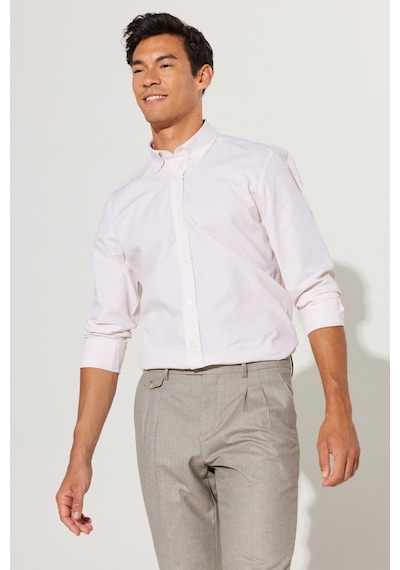 AC&Co / Altınyıldız Classics Erkek Bej Slim Fit Dar Kewsim Düğmeli Yaka %100 Pamuk Armürlü Gömlek Bej