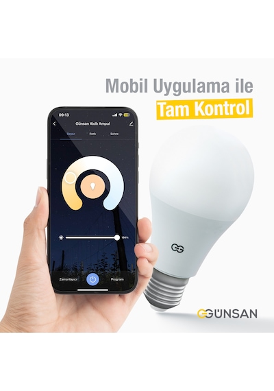 Günsan Akıllı Wifi Led Ampul Beyaz Işık Tuya Ve Smart Life Uygulama Destekli 9w 2700k-6500k Ayarlanabilir Beyaz Işık