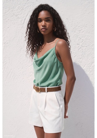 Sateen Askılı Degaje Yaka Bluz - Mint-137666 MİNT