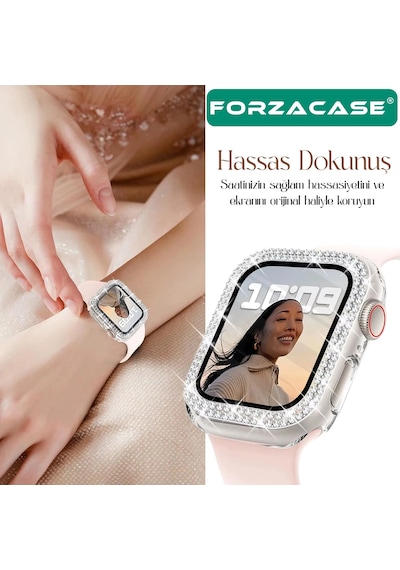 Forzacase Apple Watch 49mm İle Uyumlu Elmas Taşlı Ekran Koruyuculu Plastik Kılıf Şeffaf - Fc1010