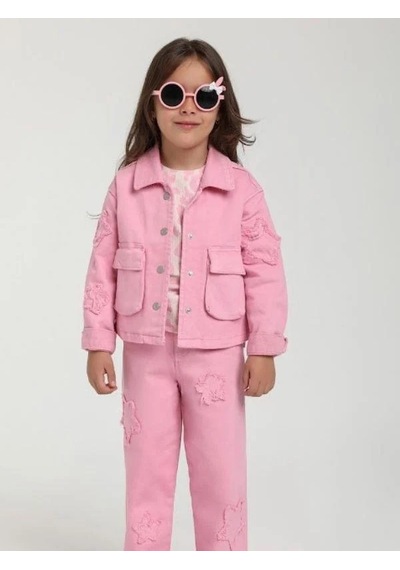 Escabel Kız Çocuk Yıldız İşlemeli Cep Detaylı Tasarım Pembe Kot Ceket-15651 Pembe