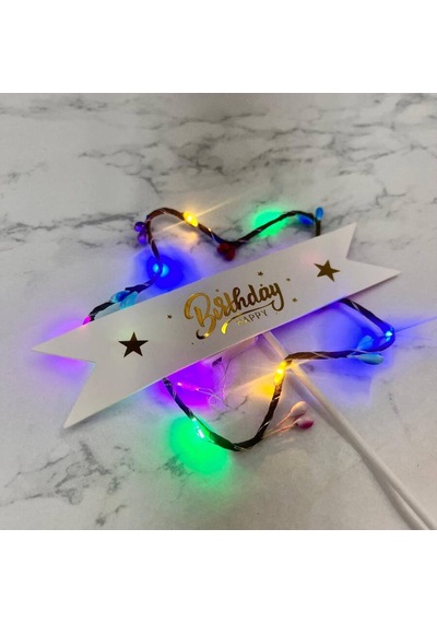Lüks Pasta Üstü Çubuklu Happy Bırthday Yıldız Desenli Cipsolu Işıklı 21 Cm