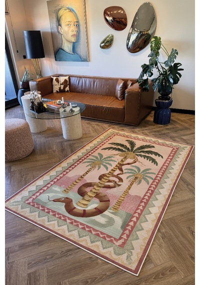 Palm 302 Bej Pembe Halı Renkli Palmiye Desenli Makinada Yıkanabilir Modern Salon Oturma Odası Halısı Pembe Yeşil 2