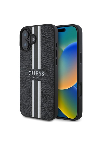 Apple iPhone 16 Uyumlu Kılıf Guess Lisanslı Magsafe Şarj Özellikli 4g Şerit Tasarımlı Printed Kapak Siyah
