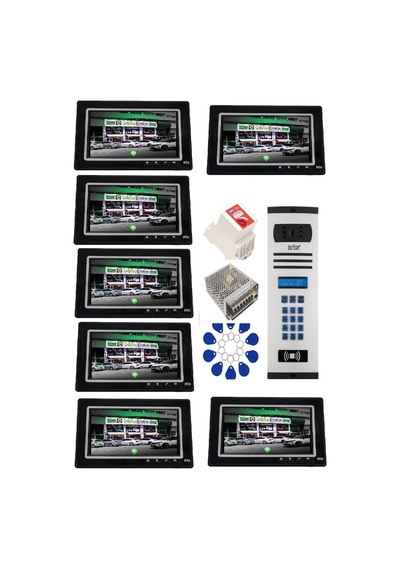 7 Daire Nts 2015-s 7'' Görüntülü Diafon Siyah-8004 Tuş Takımlı Şifreli+geçişli Zil Panelli Set