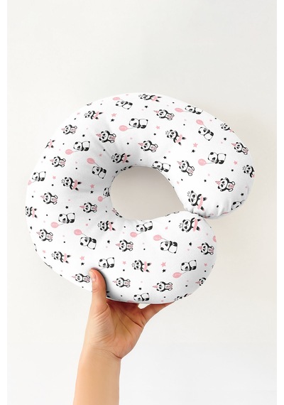 Sevimli Panda Desenli Pamuklu Boyun Yastığı - Pastel Pembe Siyah Yıldızlı Seyahat Yastığı Koyu Adaçayı Somon