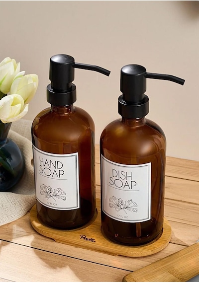 Lozione 2 Li Mutfak Sıvı Sabunluk Seti - Bambu Stantlı Sıvı Sabunluk Takımı - 2x500 Ml, Siyah Amber Amber